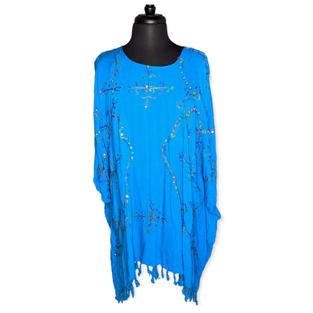 Pareos Del Mar Blue Fringed Colorful Sequin Swim Coverup One Size Fits All